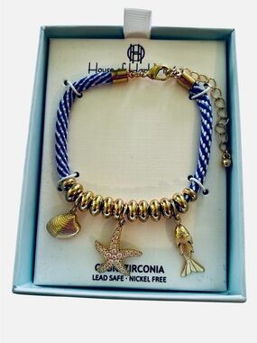 House of Harlow 1960 Blue and White Braided Cord Gold Charm Bracelet